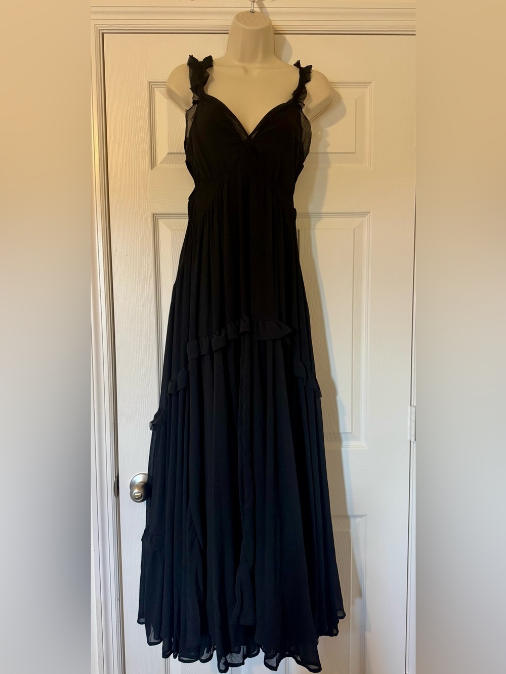 Black Ruffle-Strap Maxi Dress - Sleeveless V-Neck